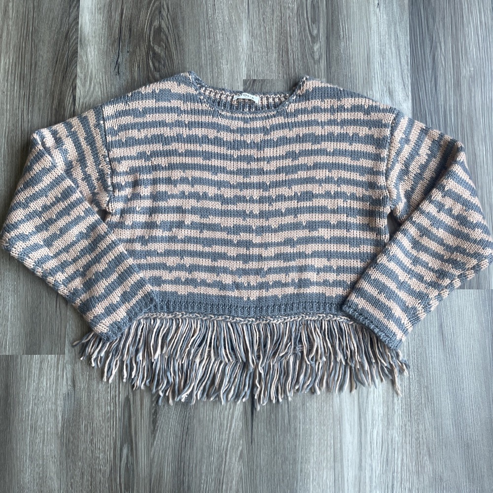 Storia Stripe Pink‎ & Grey Chunky Knit Frayed Hem Pullover Cropped Sweater Small